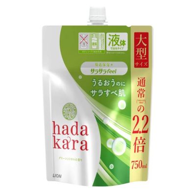 LION Hadakara Жидкое мыло для тела, удерживает влагу на коже, аромат зеленый цитрус, пополнение 750 мл