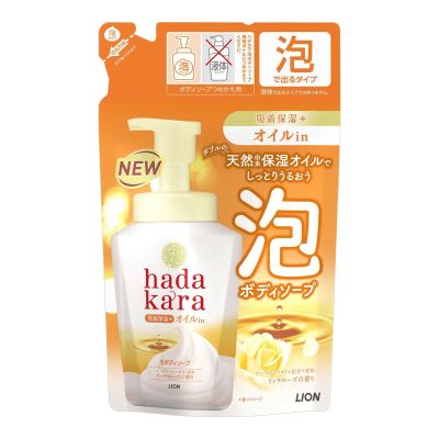 LION Hadakara Foam Пенное мыло для тела с натуральными маслами, аромат розы, пополнение 420 мл