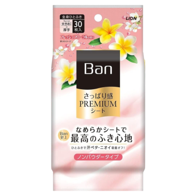 LION Ban Premium Refreshing Sheets Освежающие влажные дезодорирующие салфетки без пудры, цветочный аромат, 30 шт