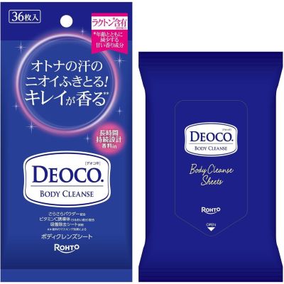 ROHTO Deoco Body Cleanse Sheet Влажные дезодорирующие салфетки от возрастного запаха, с лактоном, каолином, цветочный, 36 шт