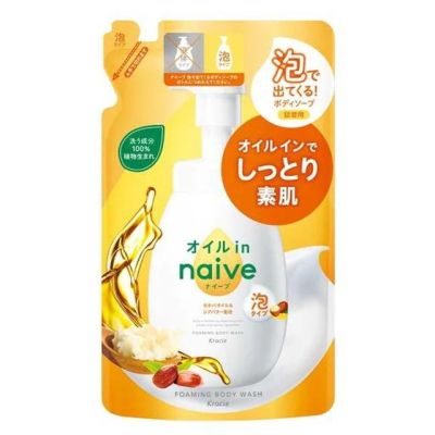 Kracie Naive Foaming Body Soap Oil-in Пенистое мыло для тела с маслами ши и жожоба, пополнение 480 мл