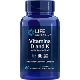 Life Extension Vitamins D and K, витамины D, K и йод с комплексом морских растений, 60 капсул. До 12/2026